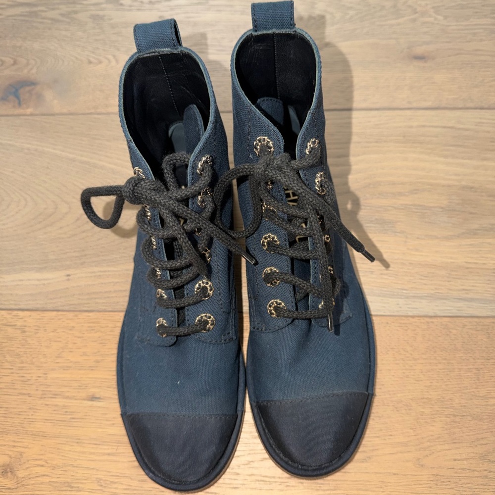 CHANEL Navy Canvas Lace-Up Ankle Boots